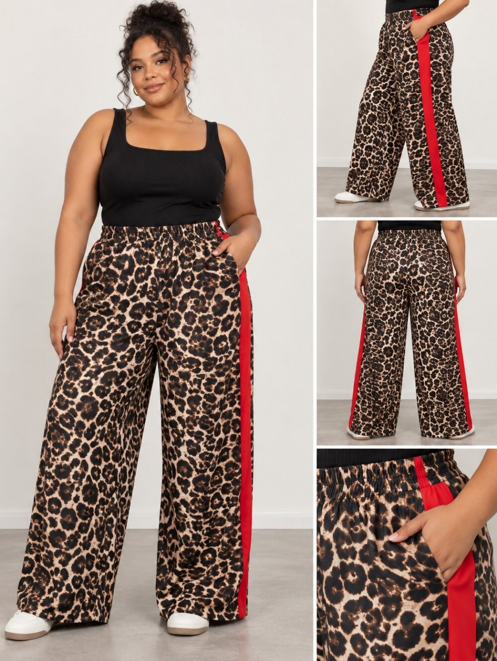 🌟 2/$15 SHEIN Brown & Black Leopard Wide Leg Pants with Red Side Stripe